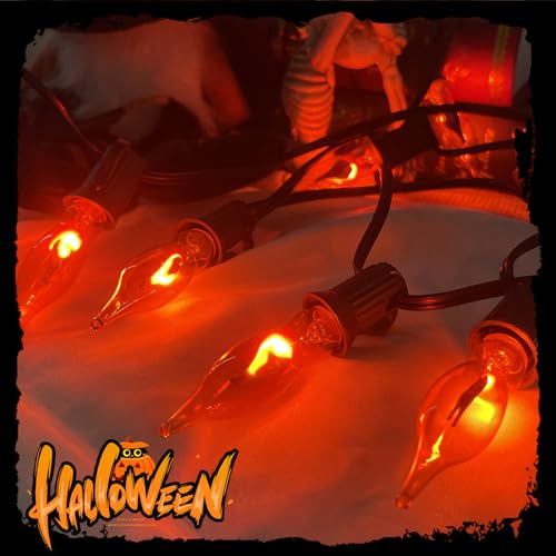 Image of GOOTHY Christmas Orange Flickering Flame String Lights, Outdoor Christmas Decorations Lights with 10 C18 Orange Flicker Flame Bulb for Fireplace Party Garden Patio, 1 Watt, 120 Volt- Black Wire