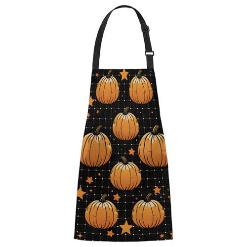 Aglebo Mesh Pumpkin Stars Chef Apron with Pockets Adjustable Shoulder Strap Waterproof Cooking Apron for Kitchen Baking Gardening Pottery Painting