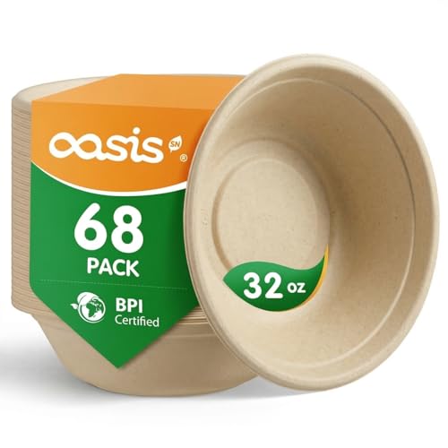OasisSN 32 oz 68-Pack Large Compostable Paper Bowls Disposable Meal Prep & Takeout Bowls Heavy-Duty Bagasse Bowls for Ramen Salad & Large Portions Microwave & Freezer Safe Eco-Friendly(Natural)