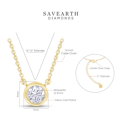 18K Gold Plated Bezel-Set Solitaire Necklace for Women, 6.5MM Moissanite Diamond Choker Pendant Necklace Jewelry (16"+2” Adjustable Chain) (0.90 Ctw)2