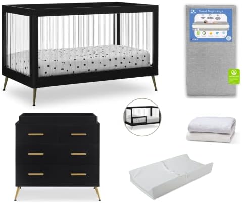 Delta Children Sloane Crib 7-Piece Baby Nursery Furniture Set–Includes: Convertible Crib, Dresser, Changing Top, Crib Mattress, Fitted Sheets, Toddler Guardrail & Changing Pad, Black w/Melted Bronze