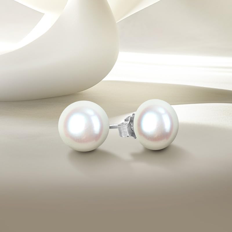 925 Sterling Silver White Cultured Freshwater Pearl Stud Earrings - A+ Quality, for Men & Women - Available in Sterling Silver or Yellow Gold Plated - Sizes 6mm, 7mm, 8mm - Image 2