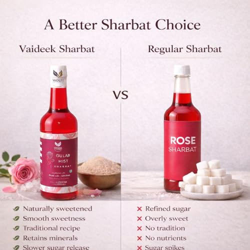 Image of Vaideek Gulab Mist Sharbat 750ml | Rose Syrup Drink with Mishri & Desi Khand | No Refined Sugar Summer Beverage | Citrus Sharbat for Mocktails, Coolers & Refreshing Drinks