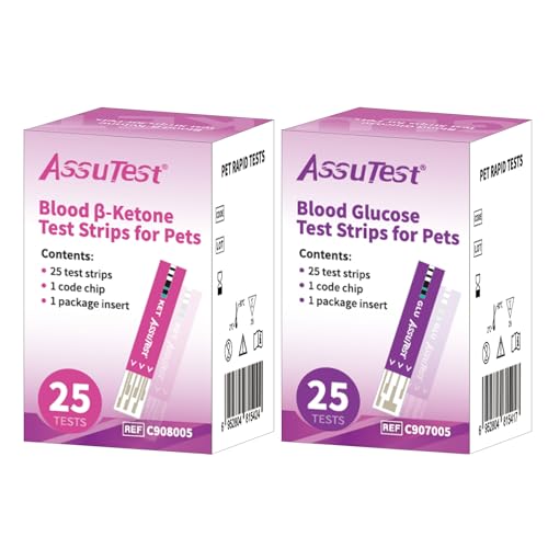 AssuTestÂ® 25pcs Blood Glucose & 25pcs Blood Ketone Test Stips Combo for Pets Cats and Dogs Diabetic Ketoacidosis Testing Monitor Kit with 50 Lancets