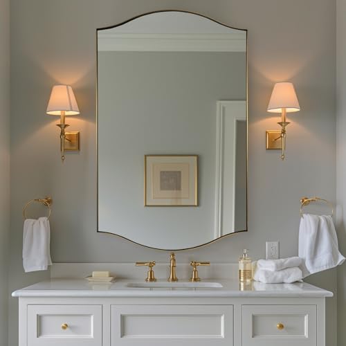 Image of ANDY STAR 30 inchx48 inch Scalloped Mirror,Brushed Gold Rectangle Bathroom Mirror with Curved Edge Stainless Steel Metal Frame, Large Wall-Mounted Mirror for Bathroom, Entryway (Horizontal /Vertical)