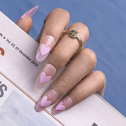 Sethexy Long Oval False Nails Heart Glossy Press on Nails Pink Love Acrylic Fake Nails Party Nail Tips for Women and Girls