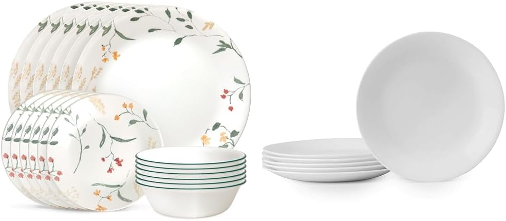 Corelle Vitrelle 18 Piece Wildflower Glass Dinnerware Sets, Service for 6 & 6-Piece Winter Frost White Salad Plates