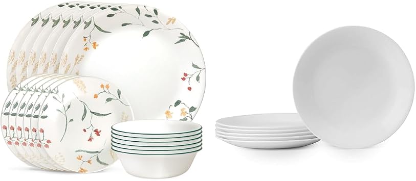 Corelle Vitrelle 18 Piece Wildflower Glass Dinnerware Sets, Service for 6 & 6-Piece Winter Frost White Salad Plates