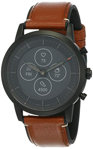 Fossil Men s 42mm Collider Stainless Steel and Leather Hybrid HR Smart Watch, Color: Black, Cognac (Model: FTW7007)