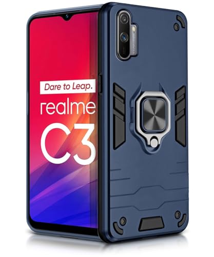 Image of WOW IMAGINE Shock Proof Back Case Mobile Cover for Realme C3 (Armor | Hybrid PC + TPU | Full Protection with Ring Holder Kickstand | Carbon Blue)