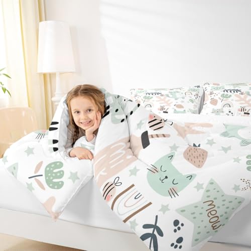 Image of Feelyou Cartoon Rainbow Kitten Print Comforter Set - Toddler Size, Kawaii Pet Cats and Flowers Duvet Set