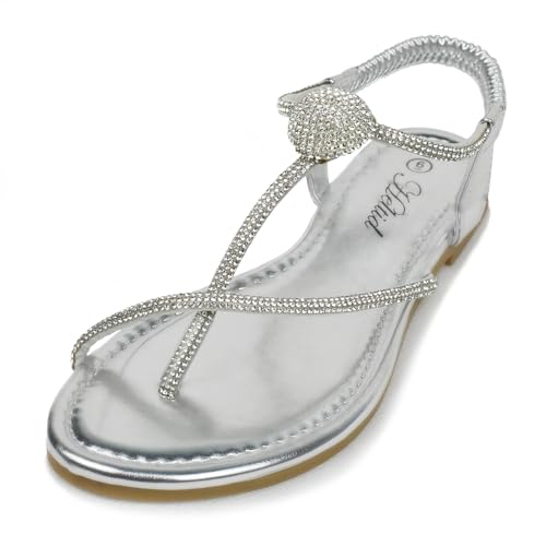 Women's Rhinestone Thong Flats Sandals, Clip Toe Elastic T-Strap Bohemia Dressy Sandals for Women