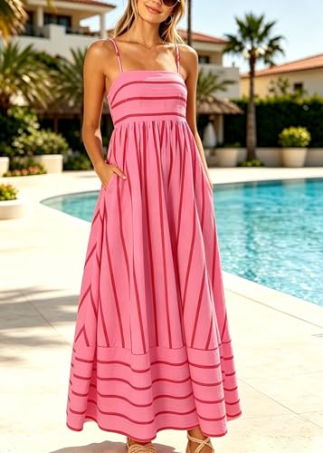 Image of utcoco Womens Summer Striped Back Smocked Maxi Sundresses Spaghetti Strap Cut Out Flowy Swing A Line Long Dress