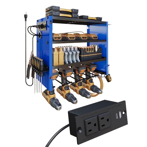 Image of 4-Tier Power Tool Organizer, Built-in 2-Outlet Charging Station for Small Garages,400lb Capacity 12mm Steel Drill Holder & Battery Storage for DIY Workshops (4 Slots with 2 Outlets Power Strip)