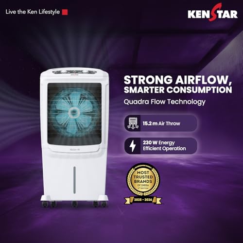 Image of Kenstar Helios HC 90 Desert Air Cooler 90L|5 Star BEE Rated|5 Year Motor & Pump Warranty |50 ft Air Throw I Honeycomb Cooling|3-Speed | Water Level Indicator | Collapsible Louvers I Off White & Black