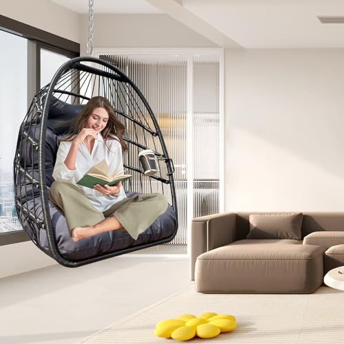Egg Chair Without Stand, Hanging Chair Swing Hammock Basket with Cup Holder and Cushion, Swing Egg Chairs Indoor Outdoor for Patio, Bedroom, Porch, Garden, 350LBS Capacity, Wicker in Black