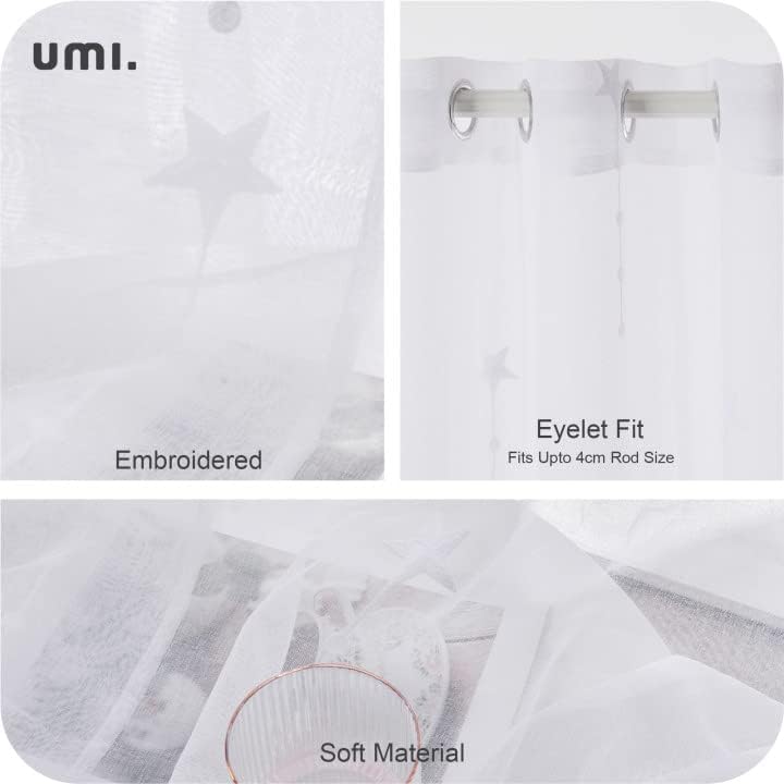 Amazon Brand - Umi Embroidered Wheat Ears Pattern Sheer Curtains Eyelets Linen Effect Voile Curtains Super Soft Net Curtains for Living Room 55 x 114 White Two Panels