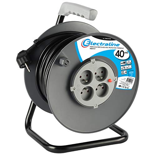 Electraline 20867018G Rallonge Prolongateur électrique 40 m avec enrouleur 4 Prises 16 A section 3G1,5 mm² Gris