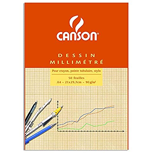 CANSON - Bloc de papier millimétré, A4, 90 g, biste, 50 feuilles, réglure 180 x 280 mm, (67 106)