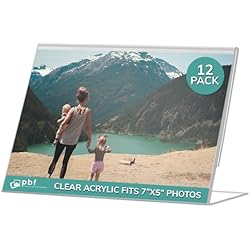 pbf 7x5 Acrylic Sign Holder | 7 x 5 Horizontal Stand Up Slanted Sign Holder | Acrylic Stands for Display | Clear Picture Frame, Menu Table Top Stand, Plastic Flyer Holder (12-Pack)
