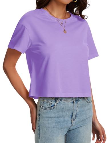 Image of SMENG Women's Crop Tops Cotton Loose Fit Tshirt Basic Short Sleeve Shirt