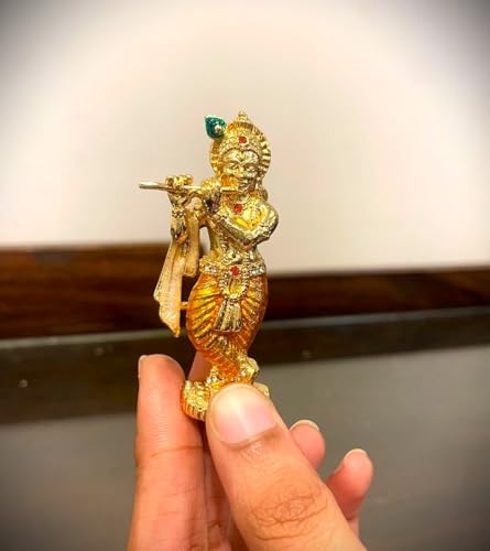 Estatua pequeña de Krishna de bronce con cristal y flauta miniatura 4