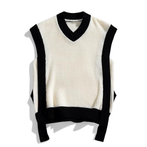 Men’S Korean Fashion Thick V-Neck Knitted Sweater Vest Patchwork Retro Loose Fit Sleeveless Pullover Tank Top3