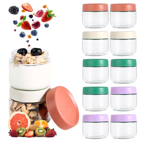 Hoa Kinh 10oz 12Pack Overnight Oats Jars with Lids, Leak Proof Small Jars for Overnight Oats, Cereal, Clear Empty Glass Jar with Lids for Kitchen(Red, Green, Purple and White)