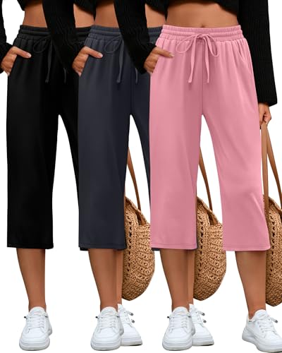 Huukeay 3 Pack Women's Capri Pants, Drawstring Lounge Capris Wide