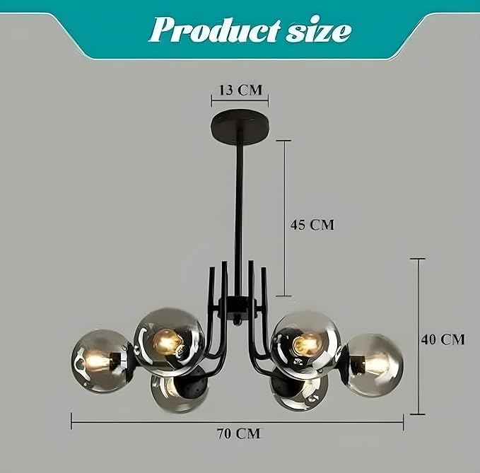 Image of 6-Lights Chandelier Hanging Pendant Ceiling Light Lamp Modern Style Black Chandelier with Smokey Glass for- Kitchen, Hall, Lobby, Restaurant, Bar, Living Room, Bedroom, Hotel (Without Bulb)