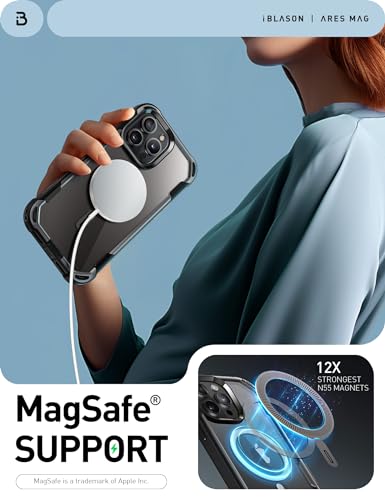 i-Blason AresMag for iPhone 15 Pro Max Case with Built-in Screen Protector, Clear Full-Body Anti-Slip Shockproof Rugged Bumper Case Compatible with MagSafe (Black)