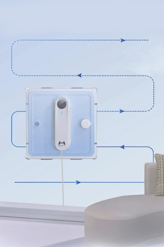 Diagram showing the HUTT W9 robot cleaning a window with its planned path indicated by arrows.