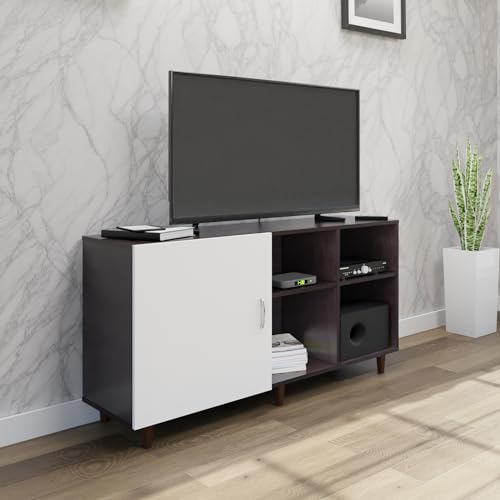 Image of VIKI Modern TV Unit for Living Room | Engineered Wood TV Cabinet with 1 Door Storage & 2 Open Shelves, Entertainment Unit, 140W x 74H x 40D cm | DIY | 1 Year Warranty (Wenge & White)