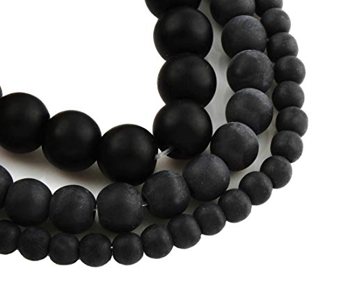 Frosted Glass Beads Set of 3 Strands Round Bead Set 8 mm 6 mm 4 mm Frosted Matt Iced Glass Beads for Threading (Black) - Image 3