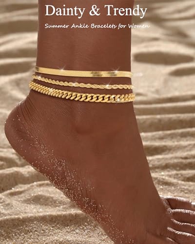 Image of ZHESHY Gold Silver Ankle Bracelets for Women 14K Gold Plated Anklets for Women Waterproof Cuban Link Heart Chain Anklets Set Non Tarnish Dainty Layered Anklet Bracelets for Women Summer Beach Jewelry