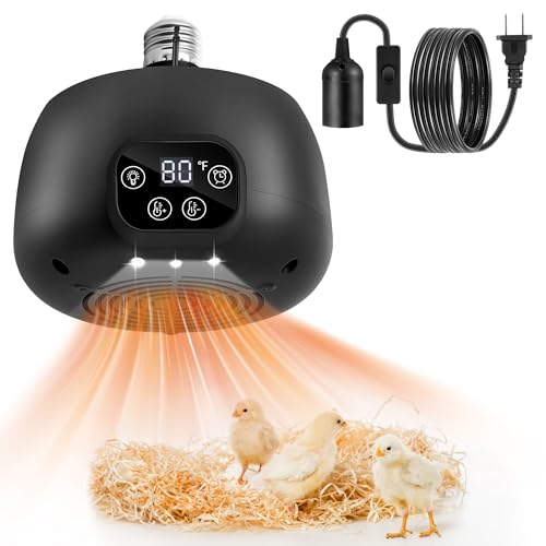 Gulfmew 1 Pack Chicken Coop Heater 200W with Lighting and Temperature Control Chicken Heating Lamp with Digital Display 5Ft Cable Brooder Heater for Reptiles, Remote not Include