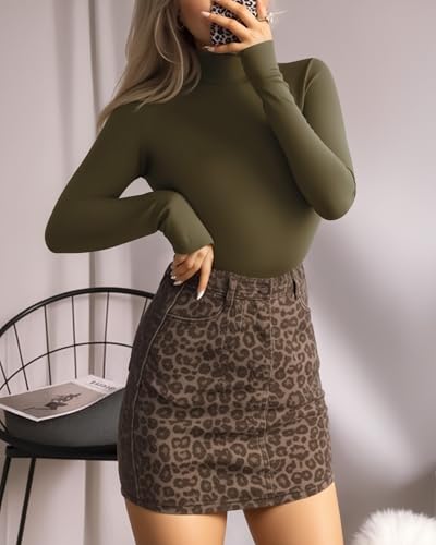 Image of MANGOPOP Women's Mock Turtle Neck Long Sleeve Tops Bodysuit Jumpsuit, Long Sleeve Army Green, Large