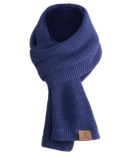 YESWEL Schal Herren & Damen, Dicker Warmer Winterschal für Männer, Klassische Waffelstrickschal, Langschal mit echter Leder Veredelung, 175 x 28 cm (Blau)