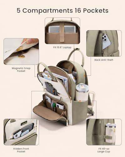 Image of LOVEVOOK Laptop Backpack for Women with Giant Tumbler Holder Pocket, 15.6 inch Travel Work Backpack Purse for Teacher Nurse, Waterproof College Book Bag Cute Casual Daypack, Beige-Green