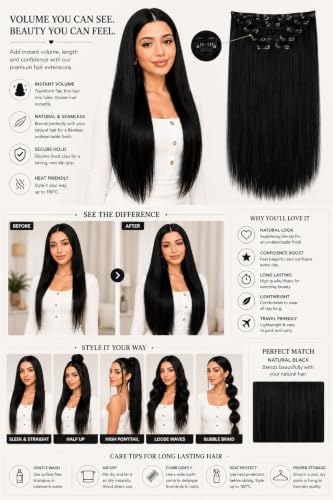 Image of Salon-Grade Clip-in Hair Extensions for Women, Imported Synthetic Hair, 6 PCS with 13 Secure Clips, Instant Volume, Natural Blend, Reusable Hair Volumizer (Black, Straight)