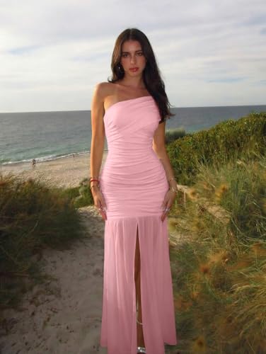 Image of LAGSHIAN Women's Elegant Formal Long Dress One Shoulder Sleeveless Ruched Bodycon Evening Dress
