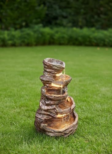 Image of 5 Steps 3.3feet Big Stone Fiber Brown Water Fountain with LED Lights & Water Pump for Home, Garden & Office Decor
