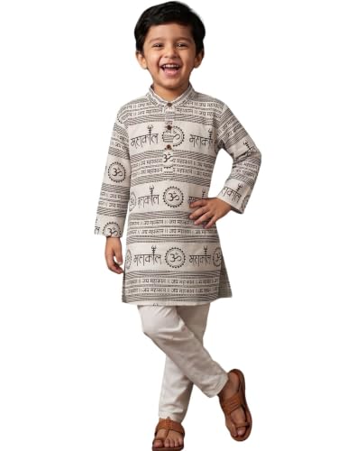 Image of AJ DEZINES Boys Cotton Full Sleeve Letter Printed Kurta Pajama Set for Kids - Ethnic wear | Special Occasion & Traditional Outfit |Boys Kurta Set - Regular Fit