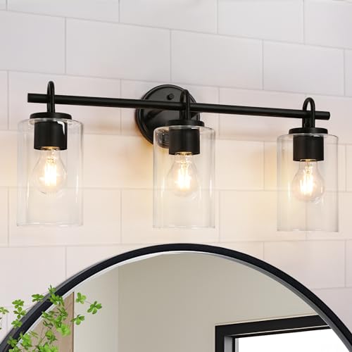 Image of KSANA Black Bathroom Wall Light Fixtures, 3-Light Modern Farmhouse Vanity Light with Clear Glass Shade Over Mirror for Hallway, Kitchen, Bedroom, and Living Room
