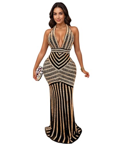 Image of PORRCEY Women's Sexy Rhinestone Mesh See Through Party Night Prom Dress