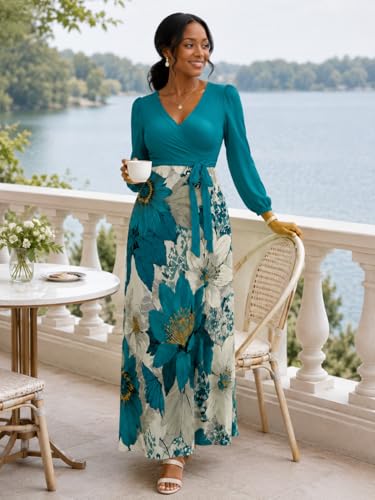 Image of PinkPatty Plus Size Dresses for Curvy Women V Neck Flowy Long Sleeves Wrap Maxi Dress Travel Vacation Outfits