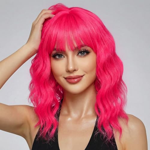 Image of Pastel Hot Pink Wavy Bob Wig for Women, Short Shoulder Length Synthetic Wig with Bangs, Matte Natural Realistic Look Lightweight Hairpiece, Hot Pink Color for Gift & Cosplay Costume