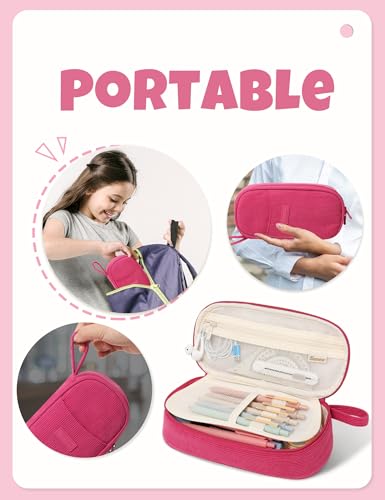 Image of SUNEE Cute Pencil Case, Large Pencil Pouch, Soft Corduroy Fabric Big Pencil Bag with Zipper, Kawaii Pen Bag Stationery Storage and Organizer, School Supplies for Teen, Student, Boys, Girls, Berry Pink