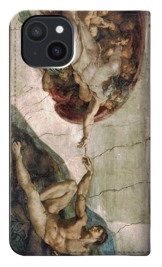 Coque cuir iPhone 15 Plus Michelangelo La Création d'Adam : le cadeau idéal pour passionnés d'art