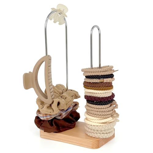 SCUNDA 2-Tier Hair Tie Organizer Modern Scrunchies Storage Tower Holds 50-70 Hair Accessories Claw Clip Holder Fashion Countertop Display Stand for Women & Girls(Natural)